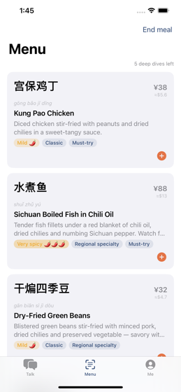 Menu scan results showing dishes in Chinese and English with spice badges